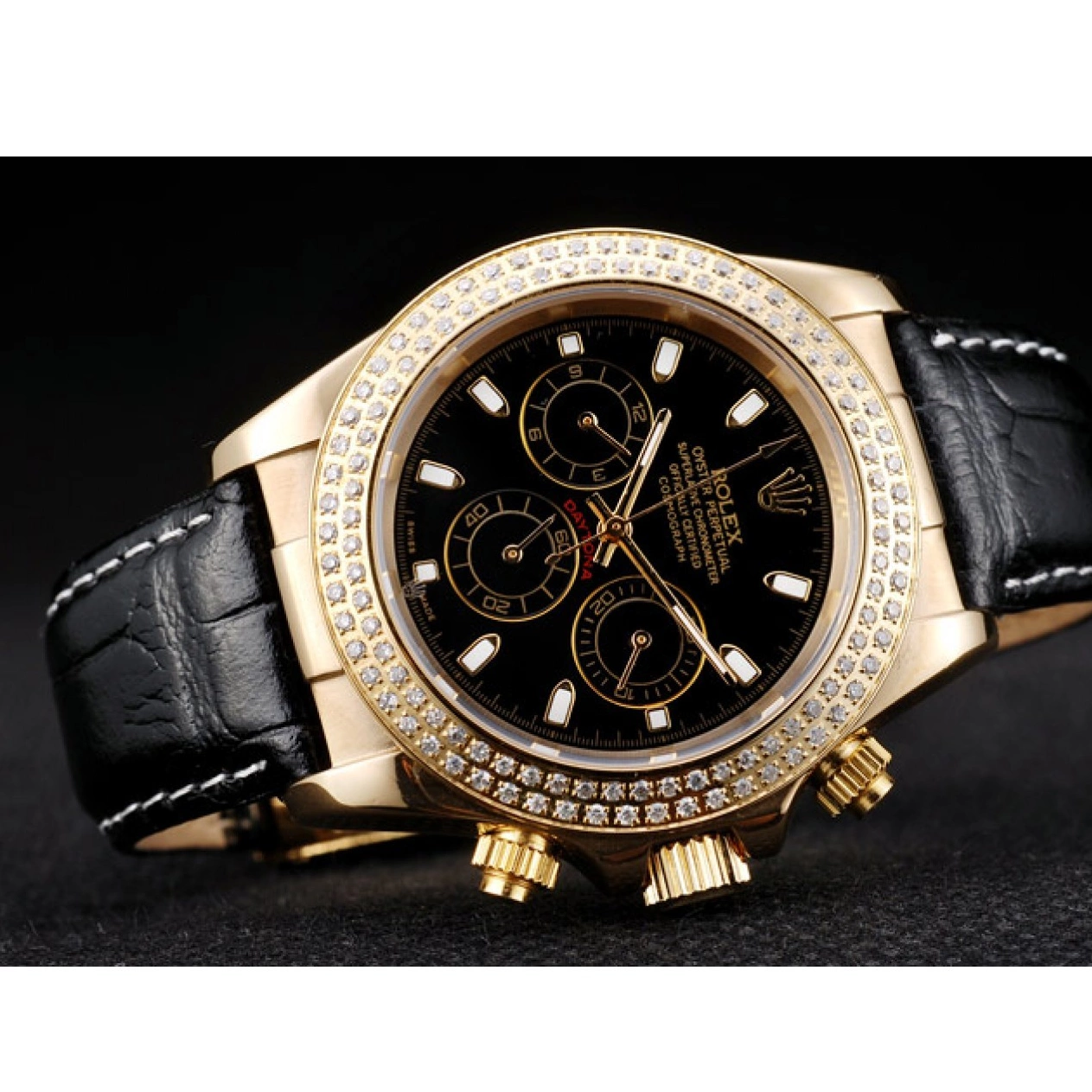 MiroTime 0716 Rolex Daytona Gold Case Crystal Studded Bezel Black Dial
